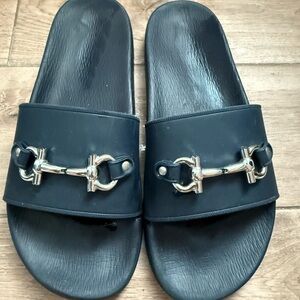 Salvatore Ferragamo Black Slip-On Loafers with Silver Accents